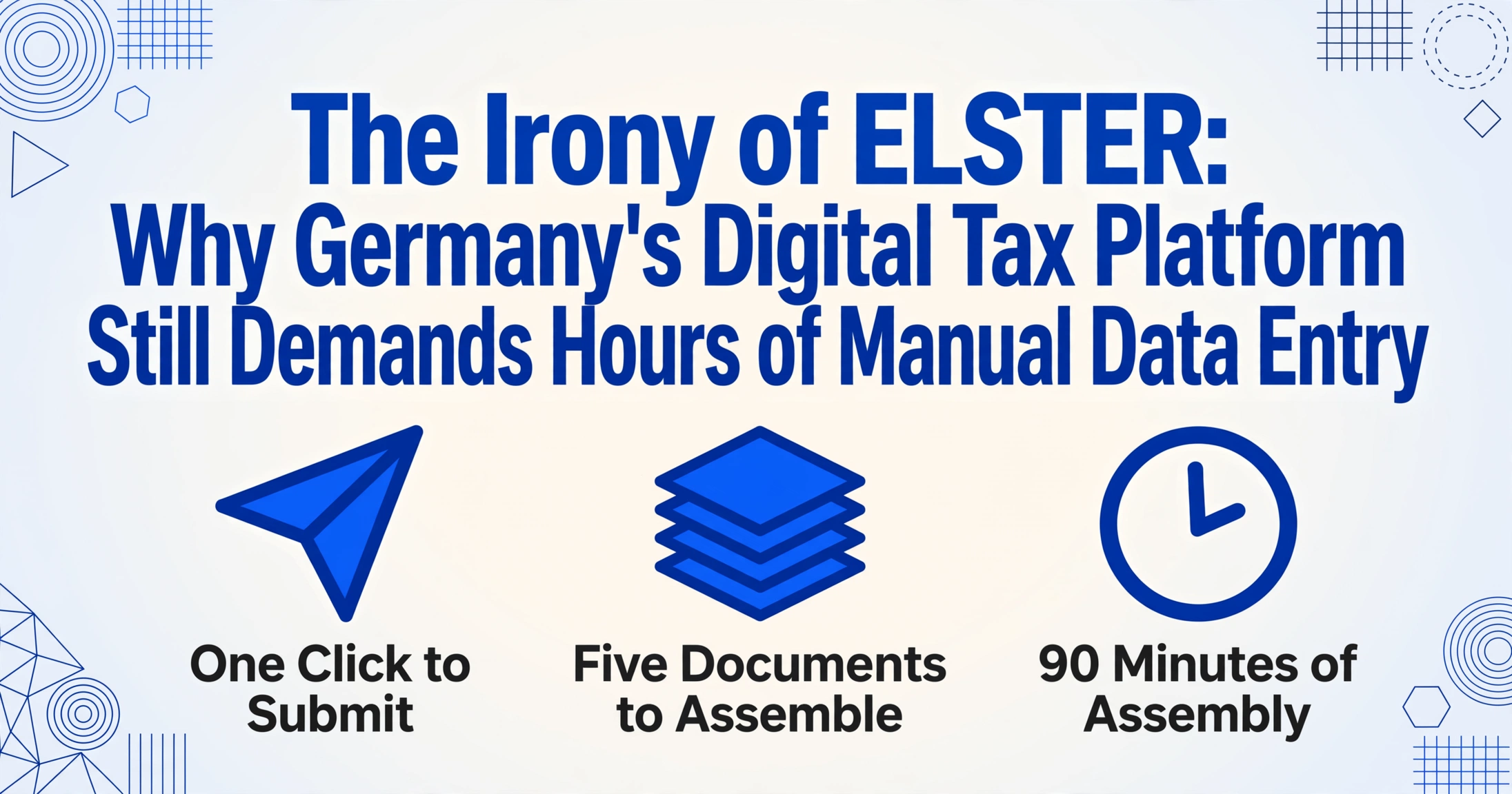 Hero image for an article about ELSTER: a large bold headline above three flat vector icons labelled One Click to Submit, Five Documents to Assemble and 90 Minutes of Assembly.