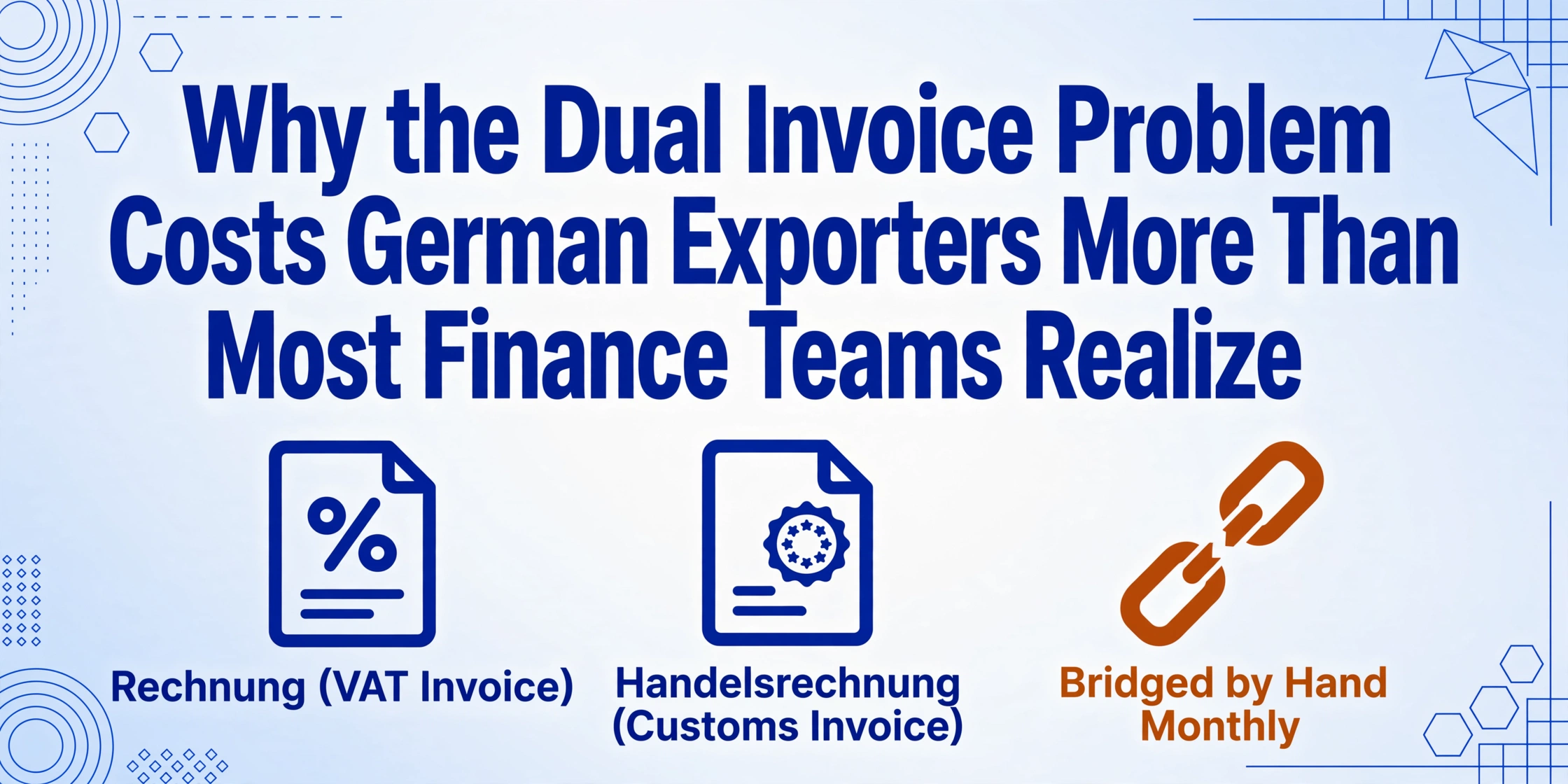 Flat vector blog hero graphic with the article title in deep blue and three icons below it labeled Rechnung (VAT Invoice), Handelsrechnung (Customs Invoice), and Bridged by Hand Monthly, on a light gradient background with brand blue geometric line decorations.