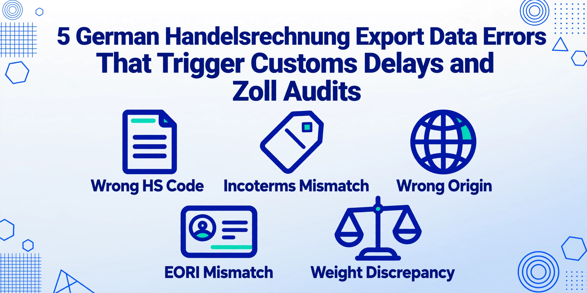 Poster-style hero image listing the five German Handelsrechnung export data errors: wrong HS code, Incoterms mismatch, wrong origin, EORI mismatch, and weight discrepancy.