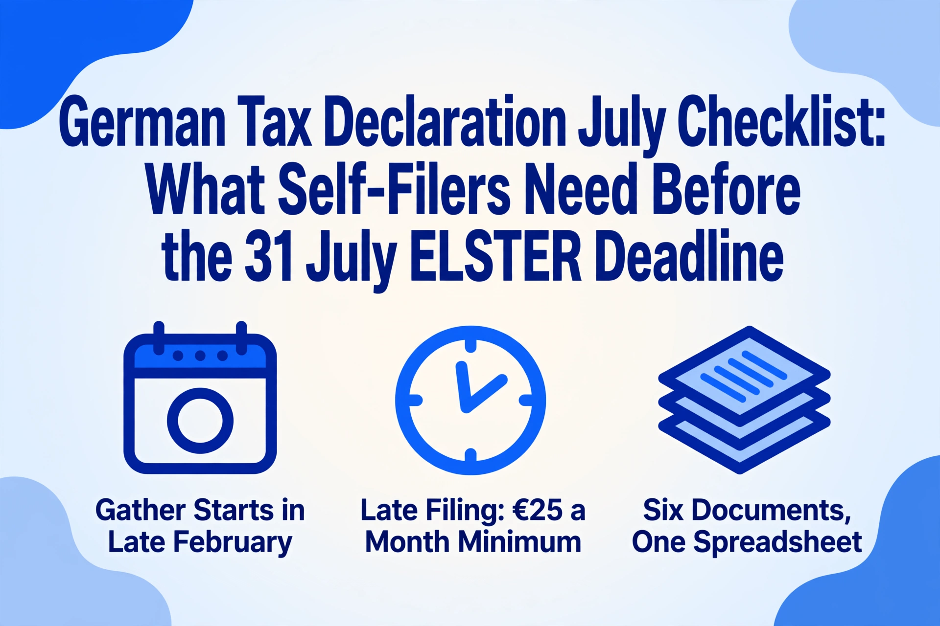 Blog hero image with the article title in bold dark blue over three lines, three flat vector icons below showing a calendar, a clock and a stack of documents, on a light blue gradient background with blue collage shapes.