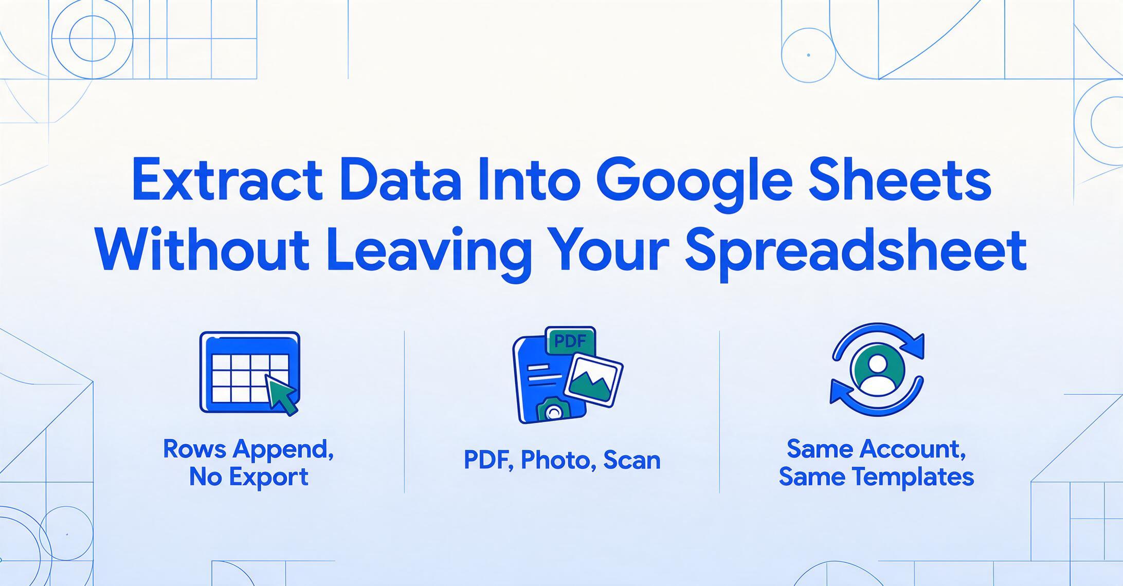 Blog hero image titled 'Extract Data Into Google Sheets Without Leaving Your Spreadsheet' with three flat icons: rows appended with no export, PDF photo and scan support, and the same account and templates.