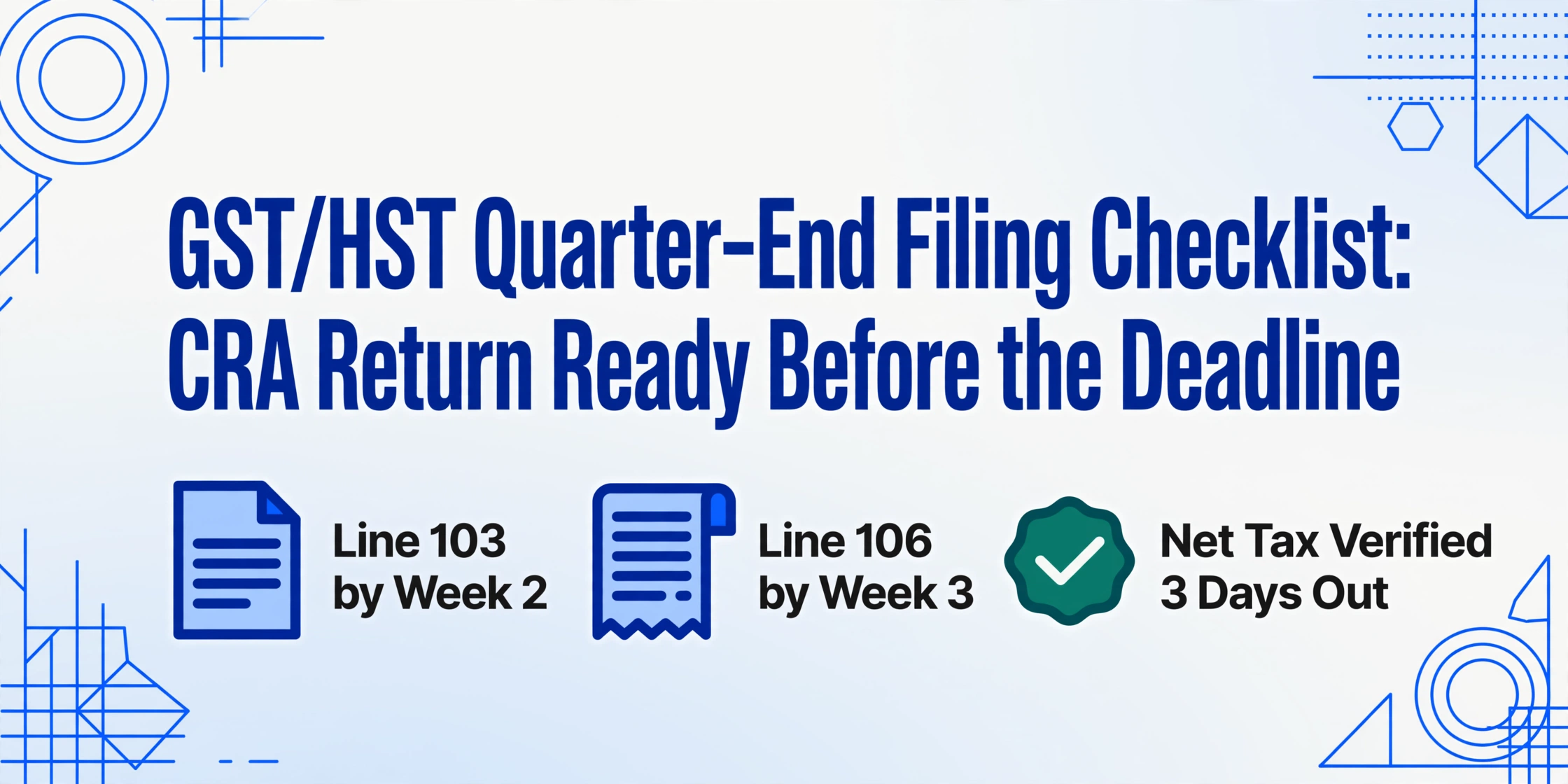 Blog hero graphic titled GST/HST Quarter-End Filing Checklist with three flat icons reading Line 103 by Week 2, Line 106 by Week 3, and Net Tax Verified 3 Days Out.