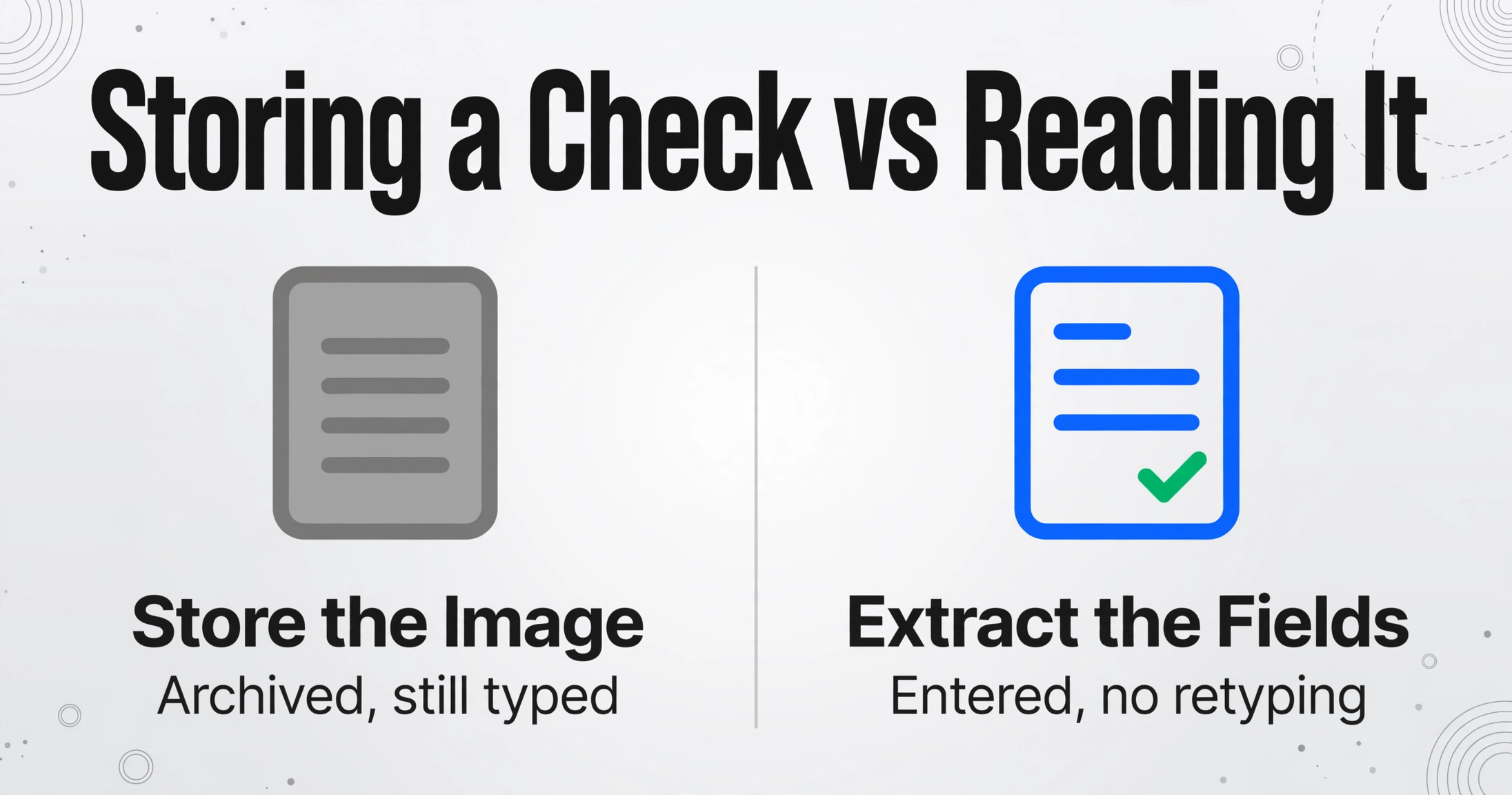 Two-column comparison showing storing a check image versus extracting its fields, with icons and result descriptions