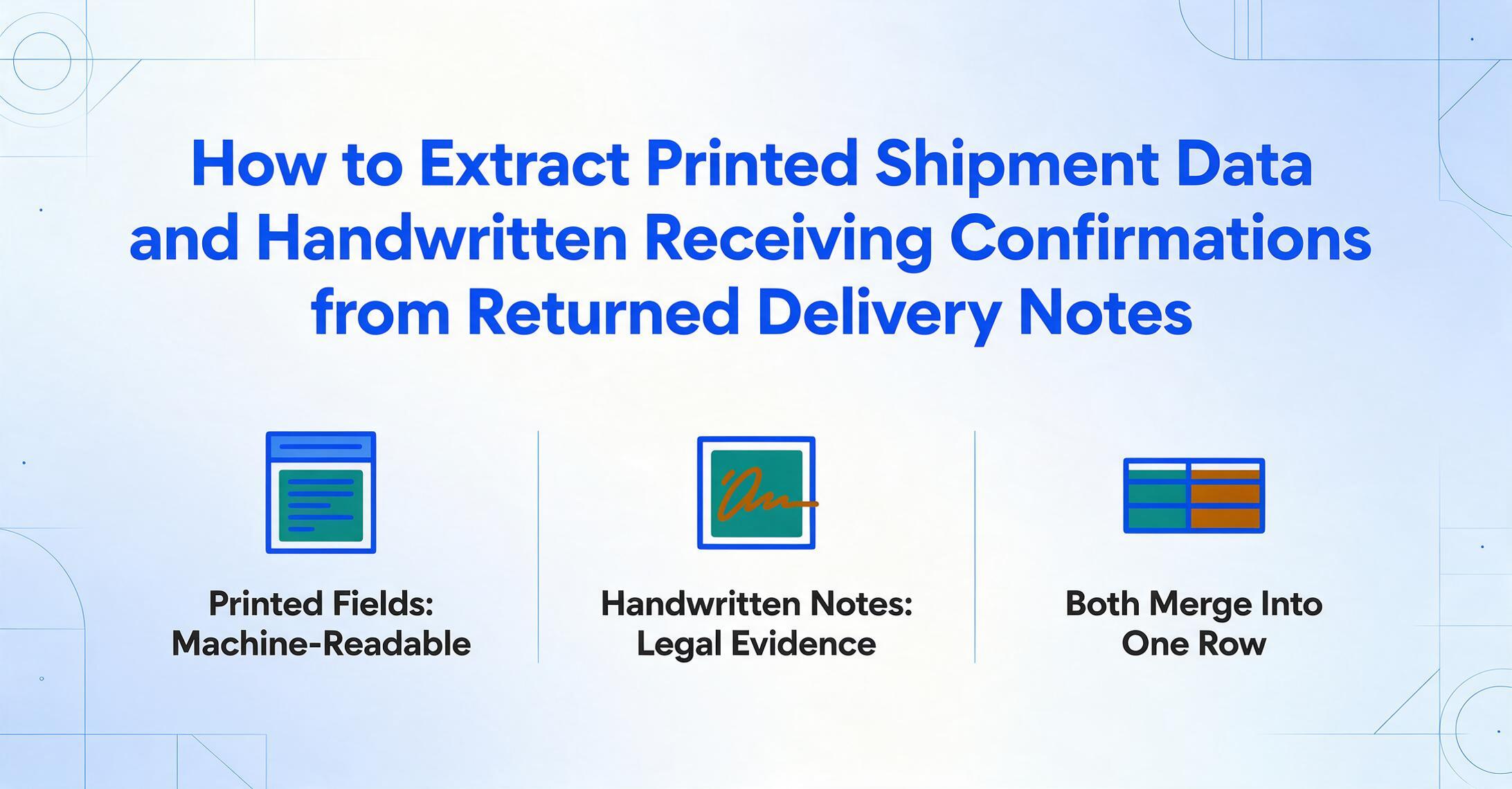 Flat vector blog hero graphic with the article title How to Extract Printed Shipment Data and Handwritten Receiving Confirmations from Returned Delivery Notes in dark blue on a light gradient background, and three icons below labeled Printed Fields: Machine-Readable, Handwritten Notes: Legal Evidence, and Both Merge Into One Row, with blue geometric line decorations in the corners.