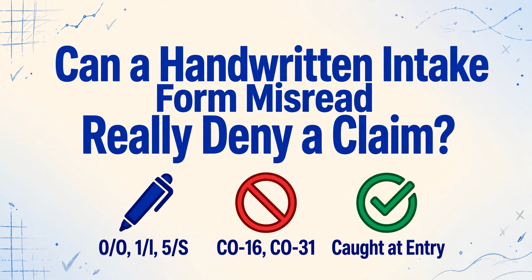 Blog cover image asking whether a handwritten intake form misread can really deny a claim, with icons for character-level errors, CO-16 and CO-31 codes, and catching errors at entry