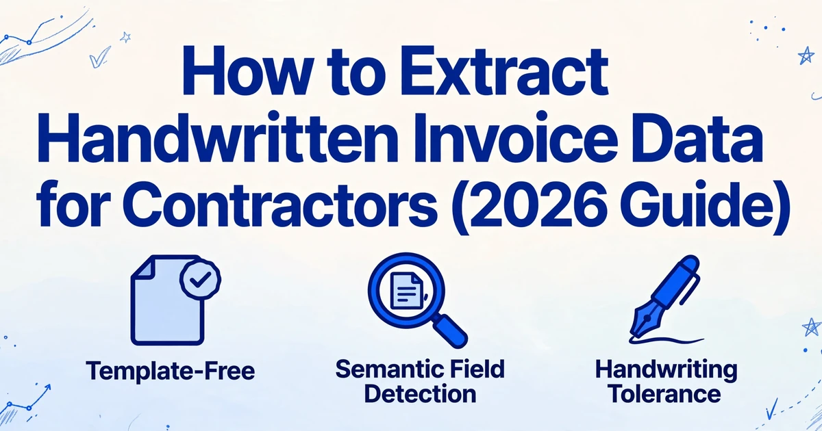 Blog cover image with the title 'How to Extract Handwritten Invoice Data for Contractors (2026 Guide)' in large dark blue text, with three icons below representing Template-Free, Semantic Field Detection, and Handwriting Tolerance, on a soft gradient background with subtle hand-drawn line decorations in the corners.