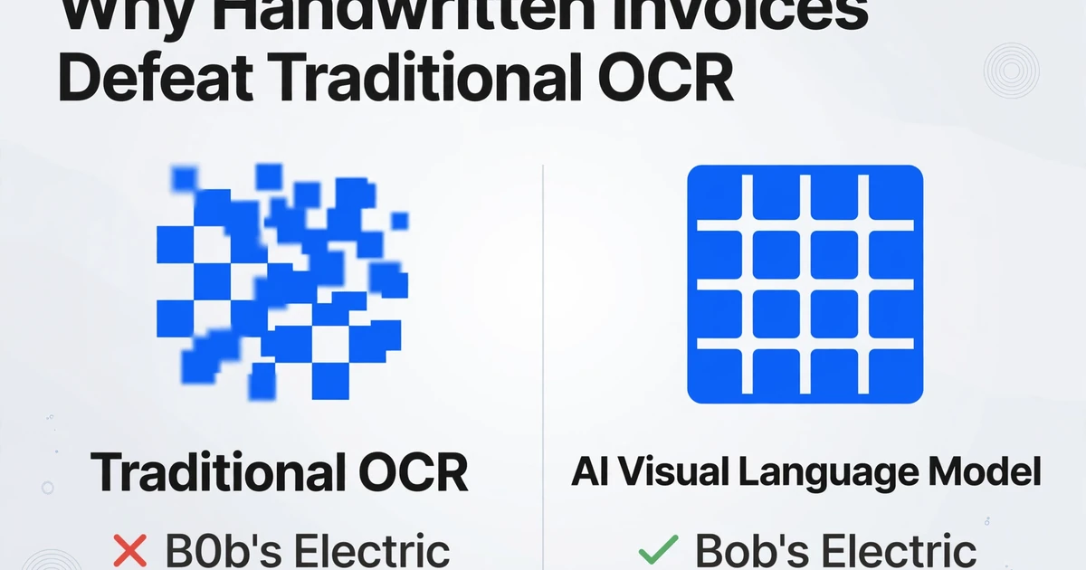 Two-column comparison chart titled 'Why Handwritten Invoices Defeat Traditional OCR', showing Traditional OCR producing an incorrect result 'B0b's Electric' with a red X mark, versus AI Visual Language Model producing the correct result 'Bob's Electric' with a green checkmark.