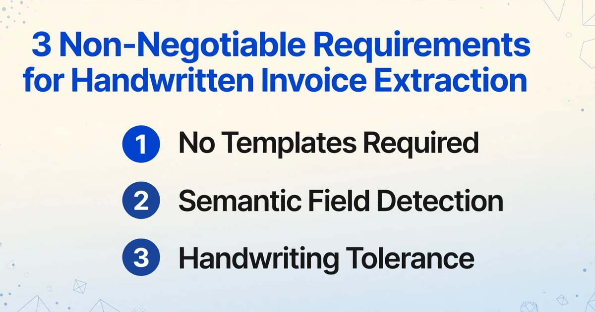 List-style infographic titled '3 Non-Negotiable Requirements for Handwritten Invoice Extraction', showing three numbered items: No Templates Required, Semantic Field Detection, and Handwriting Tolerance, on a soft gradient background.