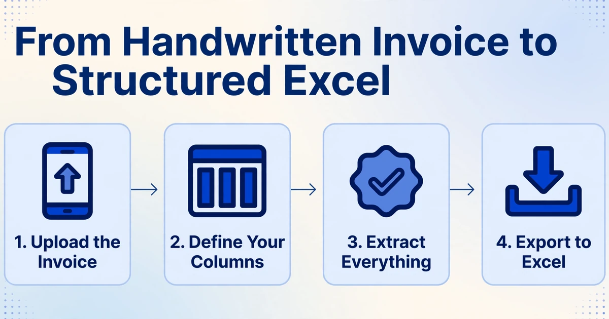 Four-step flow diagram titled 'From Handwritten Invoice to Structured Excel', showing sequential steps: Upload the Invoice, Define Your Columns, Extract Everything, and Export to Excel, connected by arrows on a soft gradient background.