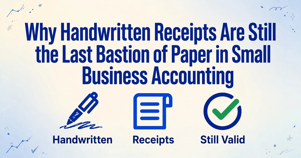 Imagem de capa do blog com o título 'Por que recibos manuscritos ainda são o último bastião do papel na contabilidade de pequenas empresas' em texto grande azul-escuro, com três pequenos ícones abaixo rotulados 'Manuscrito', 'Recibos' e 'Ainda Válido', em um fundo de gradiente azul-claro suave com sutis decorações de linhas desenhadas à mão nos cantos.