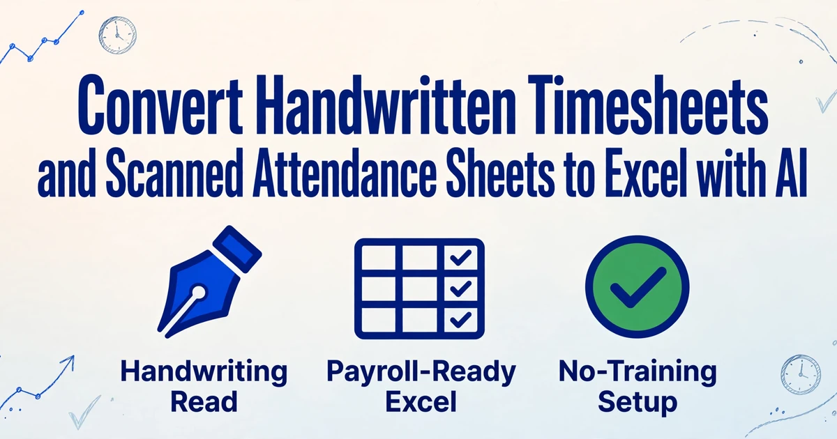 Blog-Titelbild mit dem Titel 'Handschriftliche Zeiterfassungsbögen und gescannte Anwesenheitslisten mit KI in Excel umwandeln' und drei Symbolen für Handschrifterkennung, gehaltsabrechnungsfertige Excel-Ausgabe und einrichtungsloses Setup