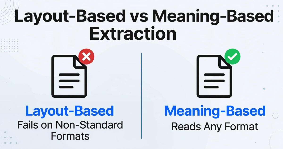 Vergleichsdiagramm, das zeigt, wie layoutbasierte Extraktion bei nicht standardisierten Formaten scheitert, während bedeutungsbasierte Extraktion jedes Format liest