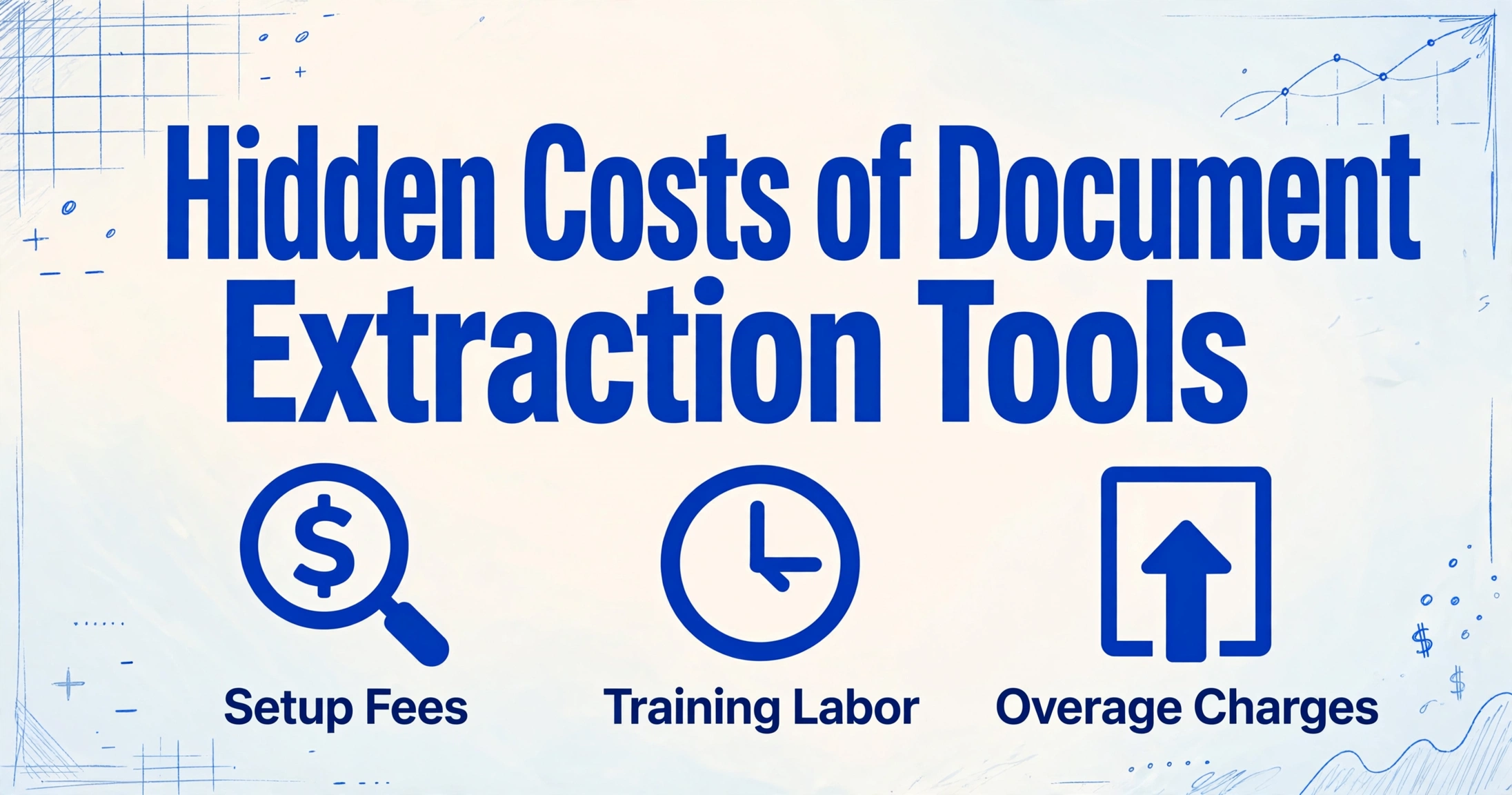 Hero image with title 'Hidden Costs of Document Extraction Tools' and three icons for Setup Fees, Training Labor, and Overage Charges on a light blue gradient background with hand-drawn financial doodles.
