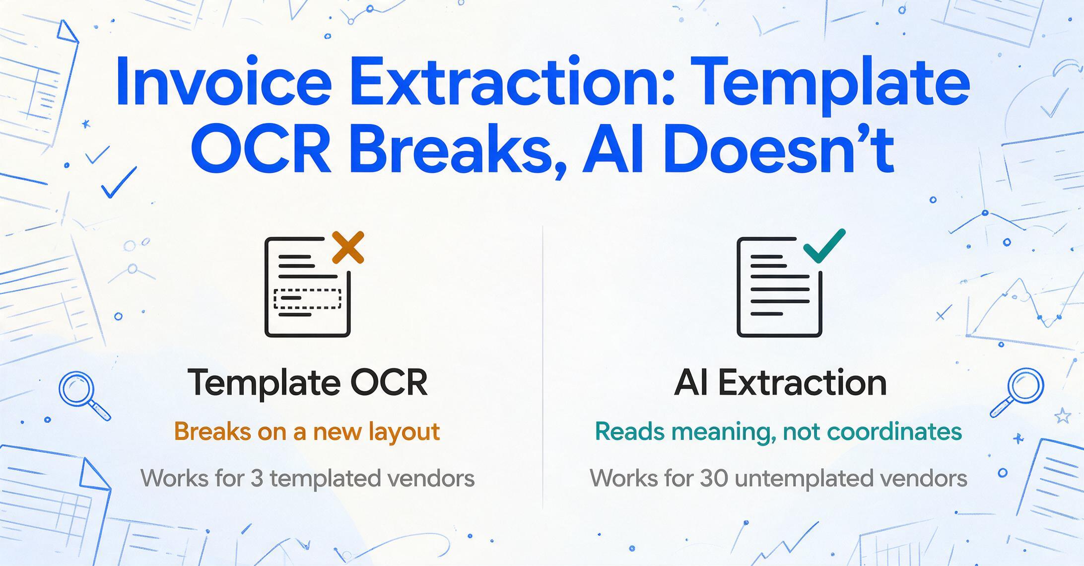 Two column comparison graphic: Template OCR with a dashed selection box and an amber cross, labelled Breaks on a new layout and Works for 3 templated vendors, next to AI Extraction with a green check, labelled Reads meaning not coordinates and Works for 30 untemplated vendors.