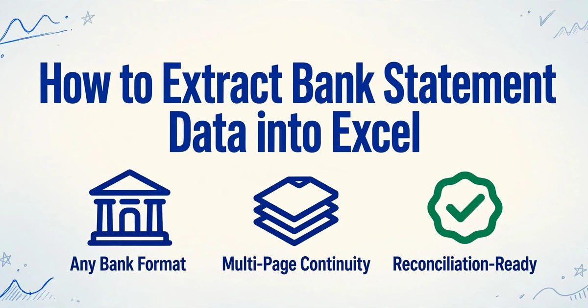 A clean editorial-style infographic with the title 'How to Extract Bank Statement Data into Excel' in bold dark blue, below it three icons for Any Bank Format, Multi-Page Continuity, and Reconciliation-Ready, with subtle hand-drawn blue line decorations in the corners on a soft white-to-light-blue gradient background