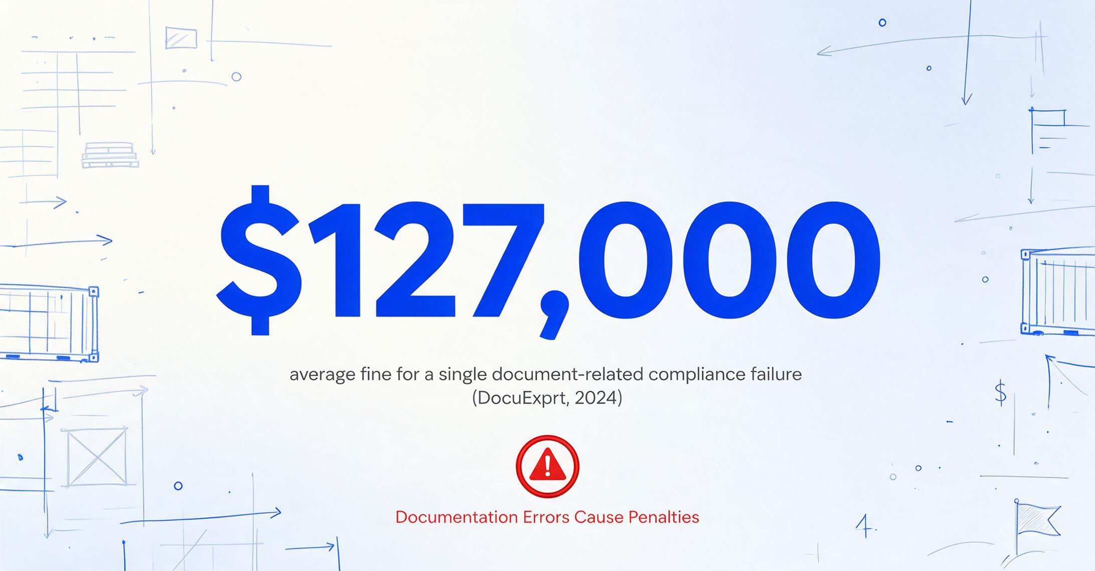 Infografik mit großer Zahl $127.000, Untertitel 'durchschnittliche Geldstrafe für einen einzelnen dokumentbezogenen Compliance-Verstoß (DocuExprt, 2024)' und rotem Warnsymbol mit Text 'Dokumentationsfehler verursachen Strafen'