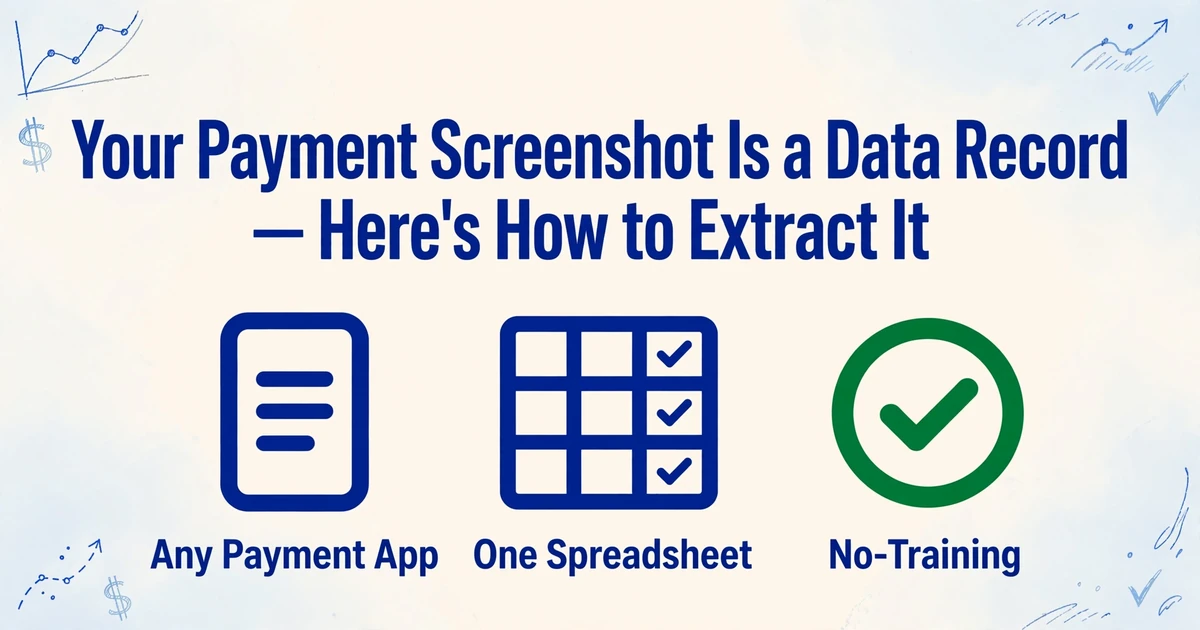 Hero image with the article title 'Your Payment Screenshot Is a Data Record — Here's How to Extract It' and three icons for Any Payment App, One Spreadsheet, and No-Training