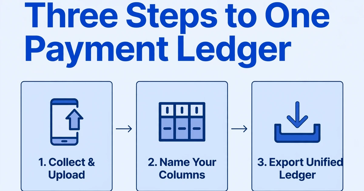 Three-step flow diagram: Collect & Upload screenshots, Name Your Columns, Export Unified Ledger