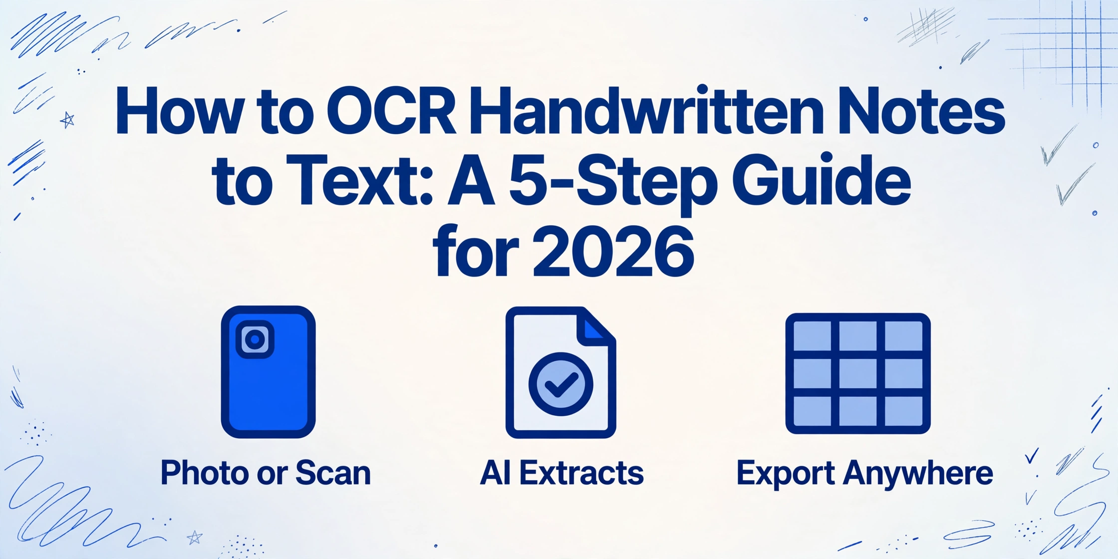 Hero image with the title 'How to OCR Handwritten Notes to Text: A 5-Step Guide for 2026' and three icons for photo or scan, AI extracts, and export anywhere, with hand-drawn line decorations in the background.