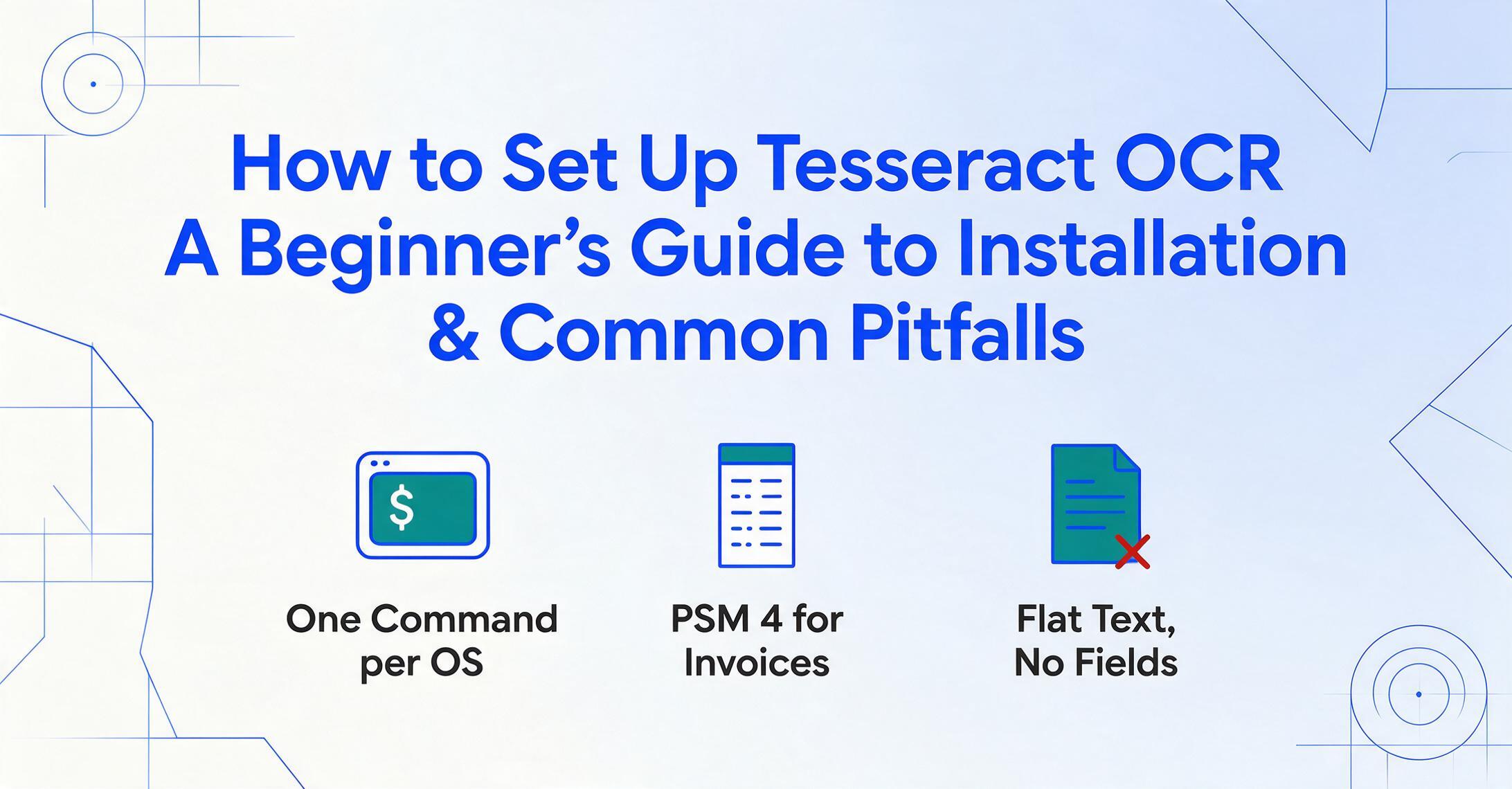 Blog cover illustration with the article title about setting up Tesseract OCR and three icons: one command per OS, PSM 4 for invoices, and flat text output with no structured fields.