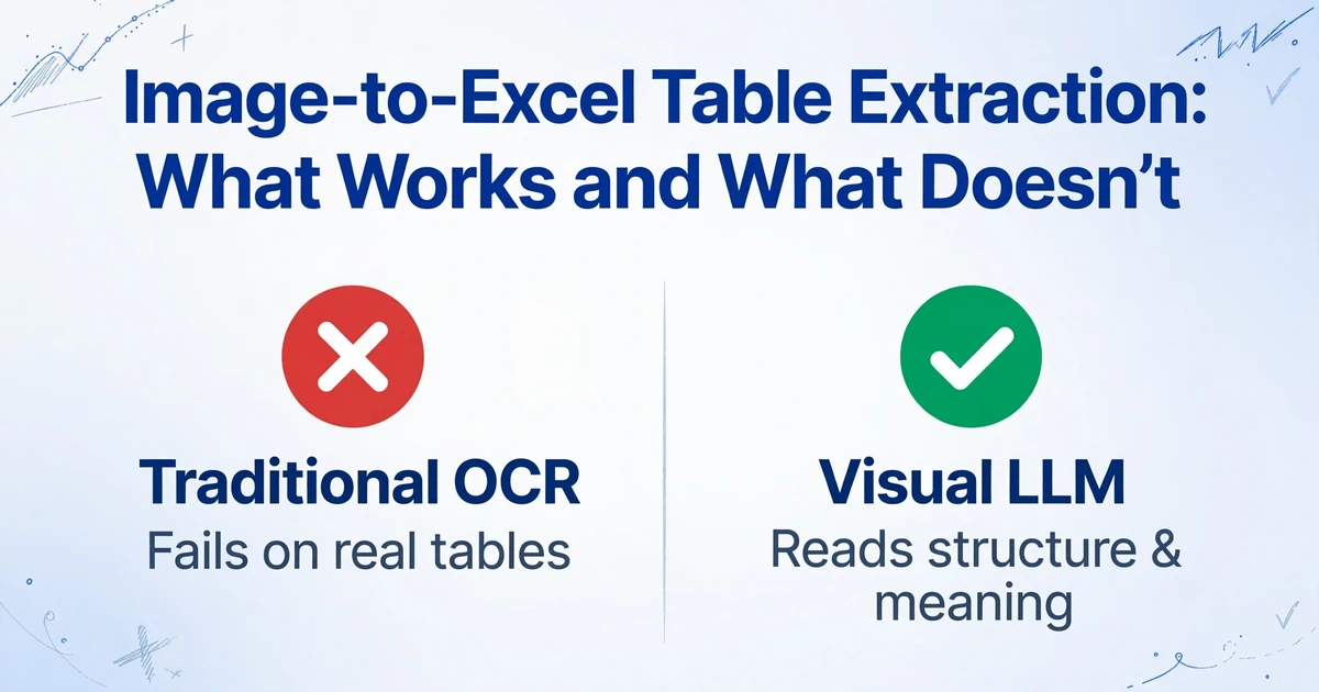 Una comparación dividida entre el OCR tradicional que falla y el LLM visual que tiene éxito para la extracción de tablas de imagen a Excel
