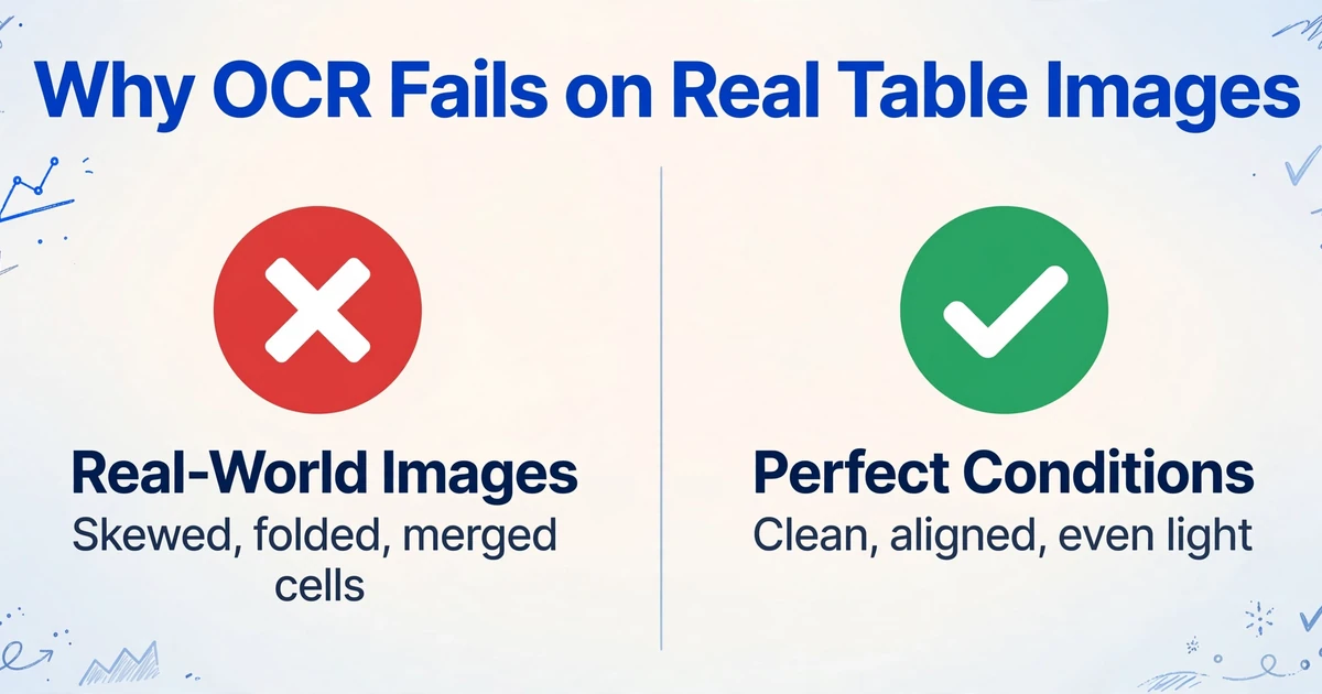 Comparación del fallo del OCR en imágenes de tablas reales frente al éxito en condiciones perfectas