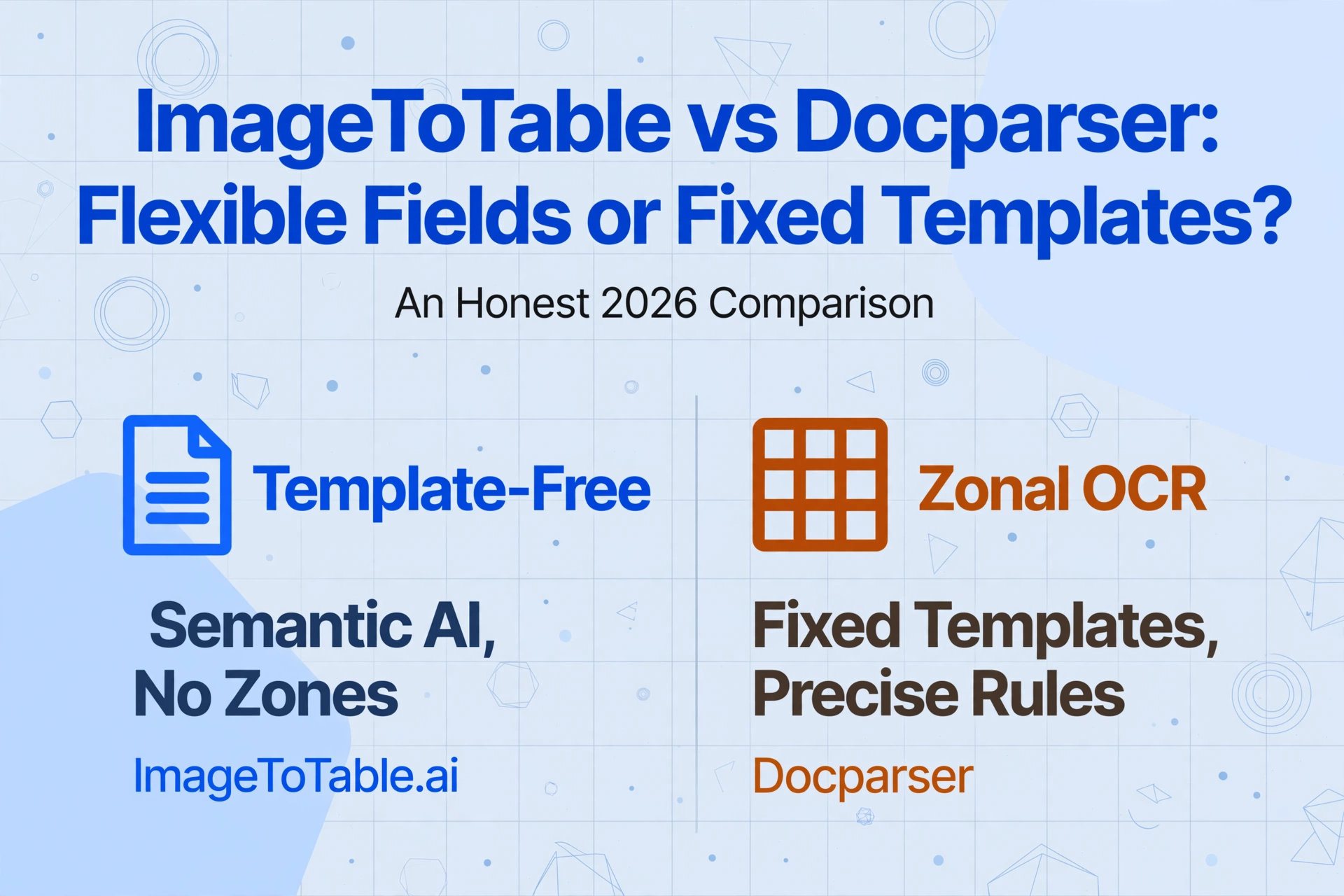 Comparaison côte à côte d'ImageToTable.ai et Docparser, mettant en évidence l'IA sémantique sans modèle versus l'OCR zonal à modèles fixes