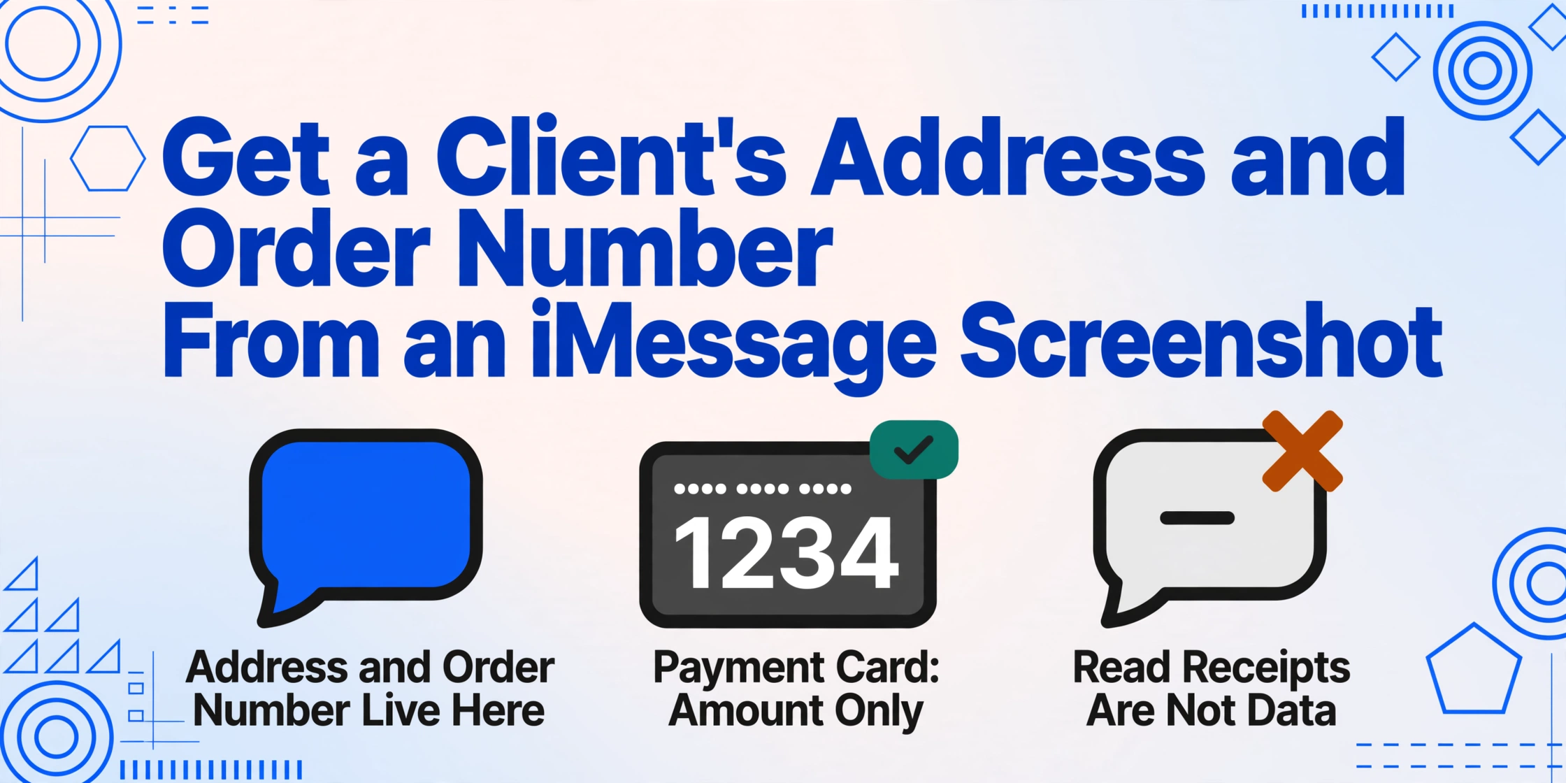 Editorial poster with the article title in bold dark blue and three icons below it: a blue chat bubble holding the address and order number, a dark Apple Pay Cash card giving the amount only, and a grey bubble with an amber cross marking read receipts as not data.