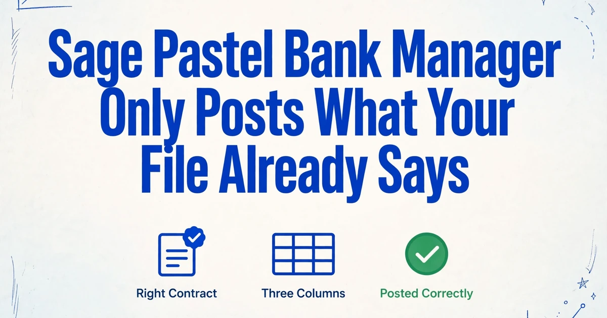 Imagen de portada del blog con el título 'Sage Pastel Bank Manager Solo Publica Lo Que Su Archivo Ya Dice' y tres iconos que representan el contrato correcto, tres columnas y la publicación correcta