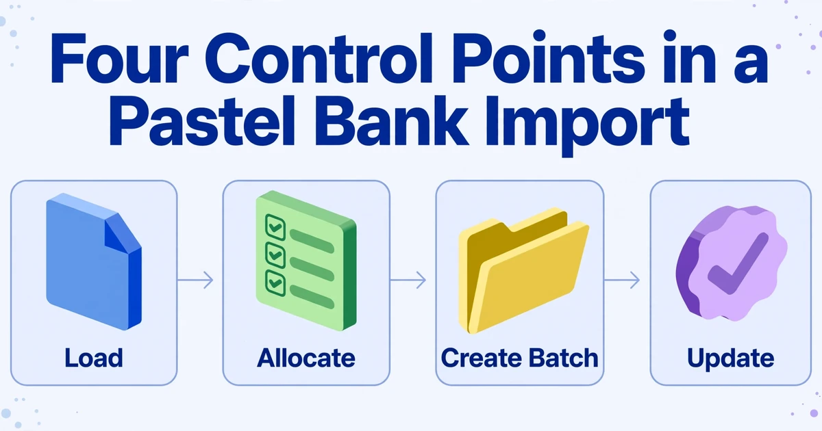 Diagrama de flujo que muestra los cuatro puntos de control en una importación bancaria de Pastel: Cargar, Asignar, Crear lote y Actualizar