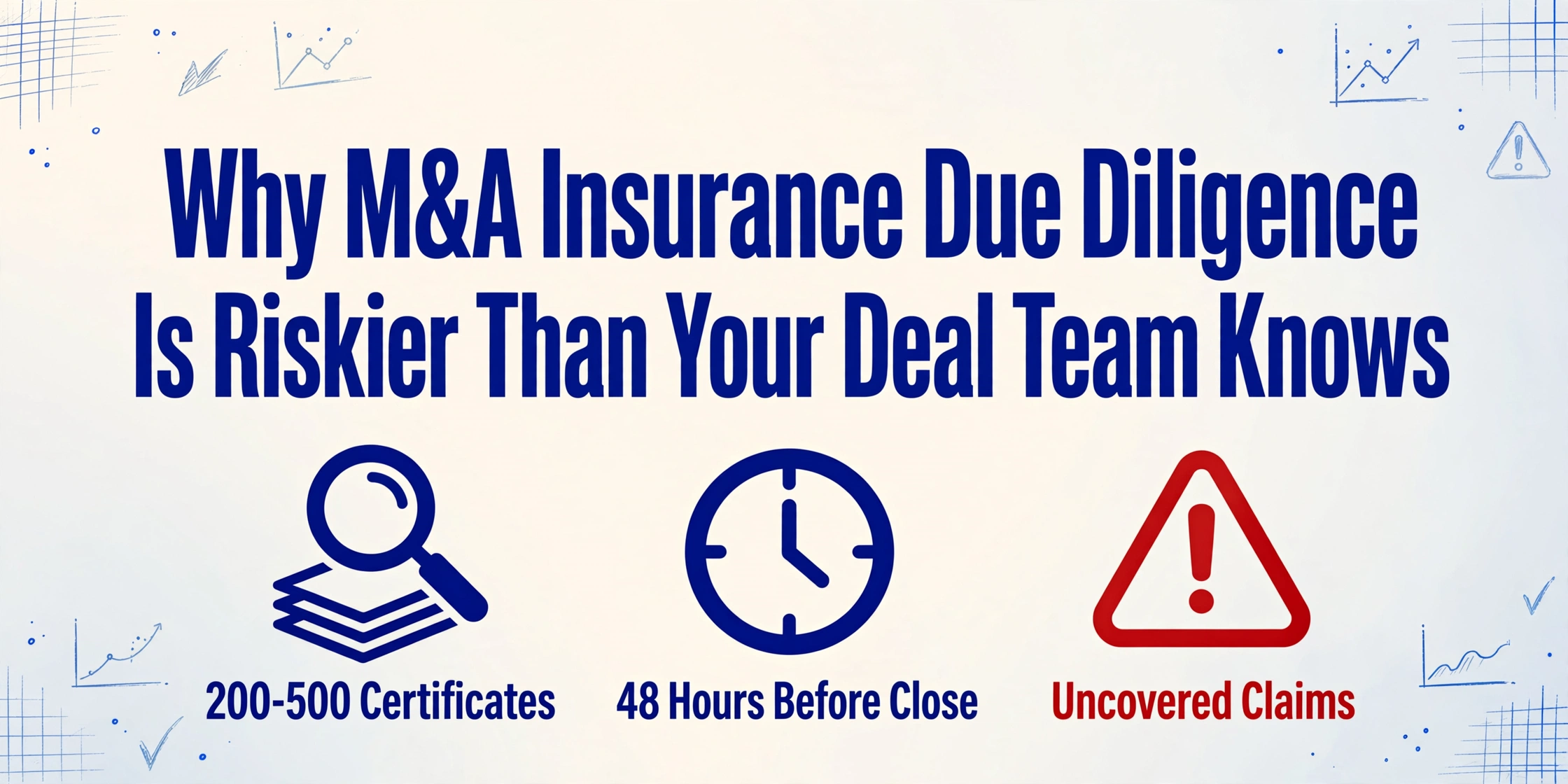 Blog cover image with the title 'Why M&A Insurance Due Diligence Is Riskier Than Your Deal Team Knows' and three icons below: a magnifying glass over documents labeled '200-500 Certificates', a clock labeled '48 Hours Before Close', and a red warning triangle labeled 'Uncovered Claims'