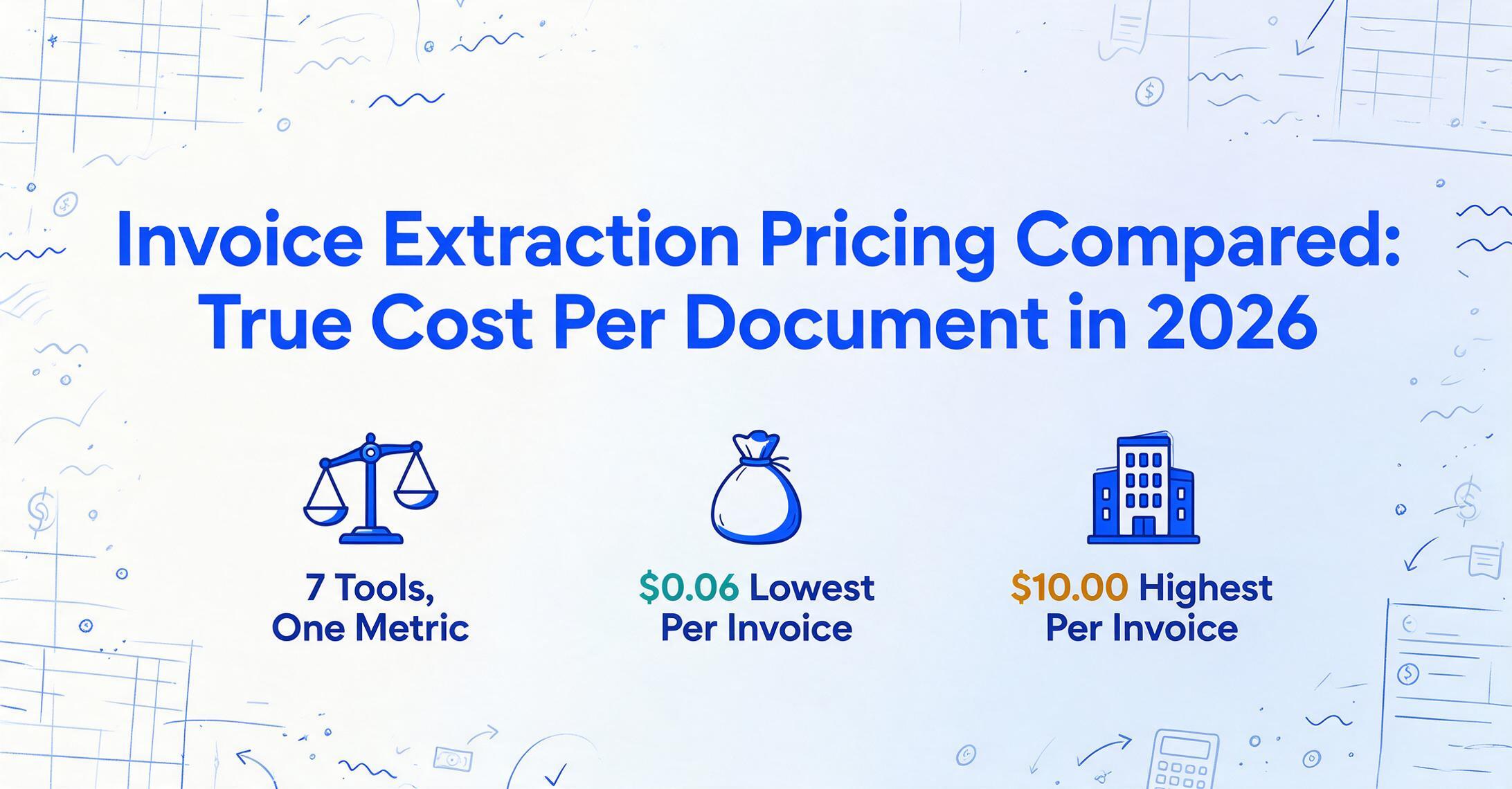 Blog hero infographic with the title 'Invoice Extraction Pricing Compared: True Cost Per Document in 2026' above three flat blue icons: a balance scale labeled '7 Tools, One Metric', a money bag labeled '$0.06 Lowest Per Invoice' in teal, and a corporate building labeled '$10.00 Highest Per Invoice' in amber.