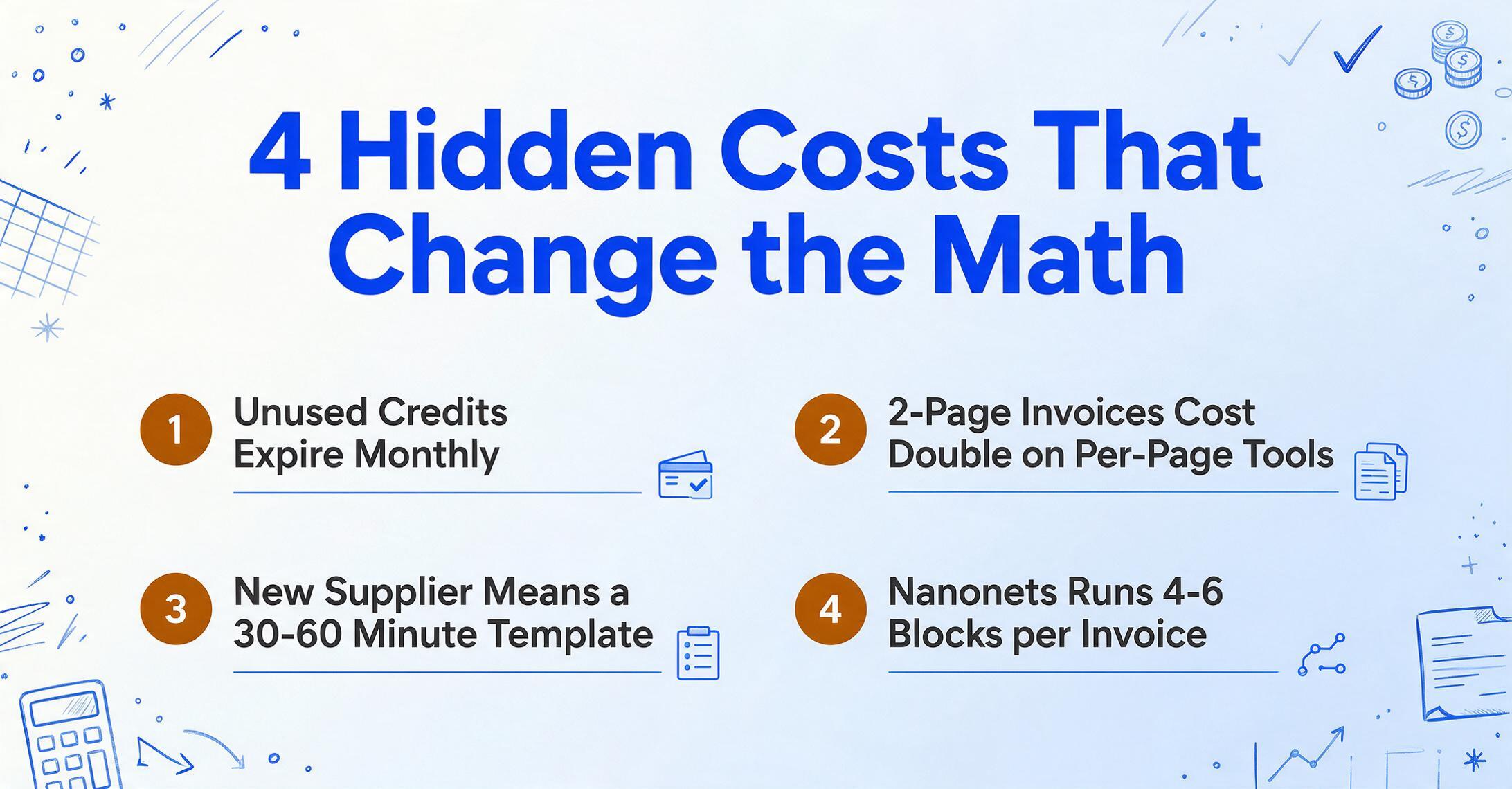 Numbered checklist infographic titled '4 Hidden Costs That Change the Math' with four amber-numbered items: unused credits expire monthly, 2-page invoices cost double on per-page tools, new supplier means a 30-60 minute template, and Nanonets runs 4-6 blocks per invoice.