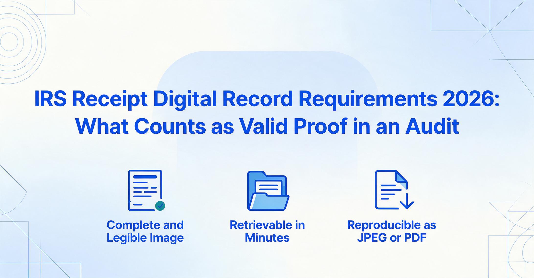 Blog hero graphic with the dark blue title IRS Receipt Digital Record Requirements 2026: What Counts as Valid Proof in an Audit, above three flat vector icons labelled Complete and Legible Image, Retrievable in Minutes, and Reproducible as JPEG or PDF, on a light gradient background with brand blue geometric line decorations.