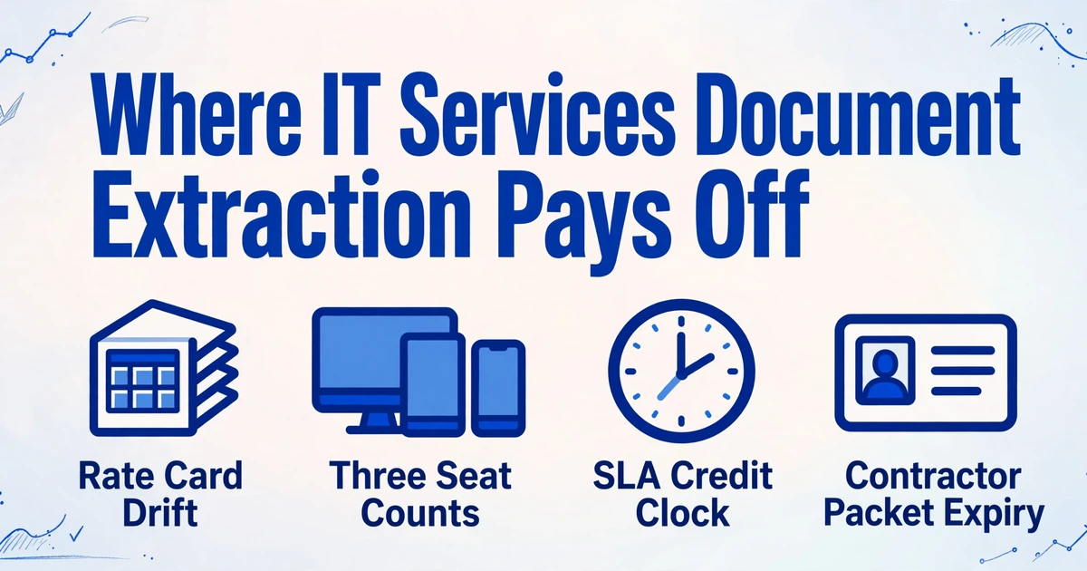 Blog cover image with the title 'Where IT Services Document Extraction Pays Off' and four icons representing rate card drift, three seat counts, the SLA credit clock, and contractor packet expiry
