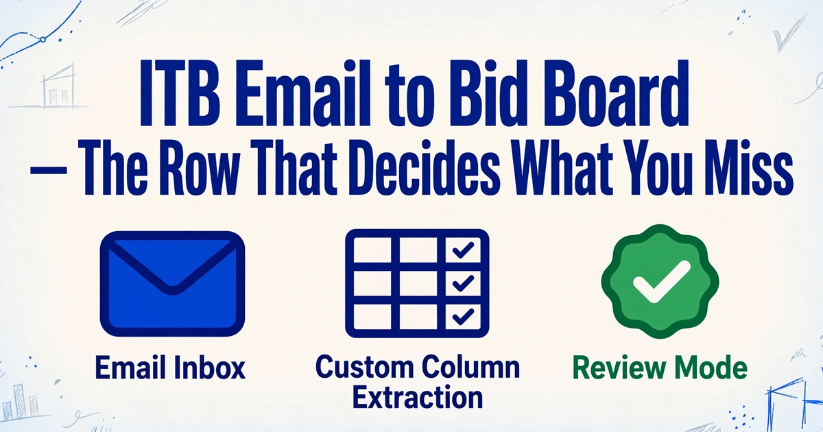 Imagen principal de la recepción de correos de ITB al tablero de licitaciones, con iconos de Email Inbox, Custom Column Extraction y Review Mode