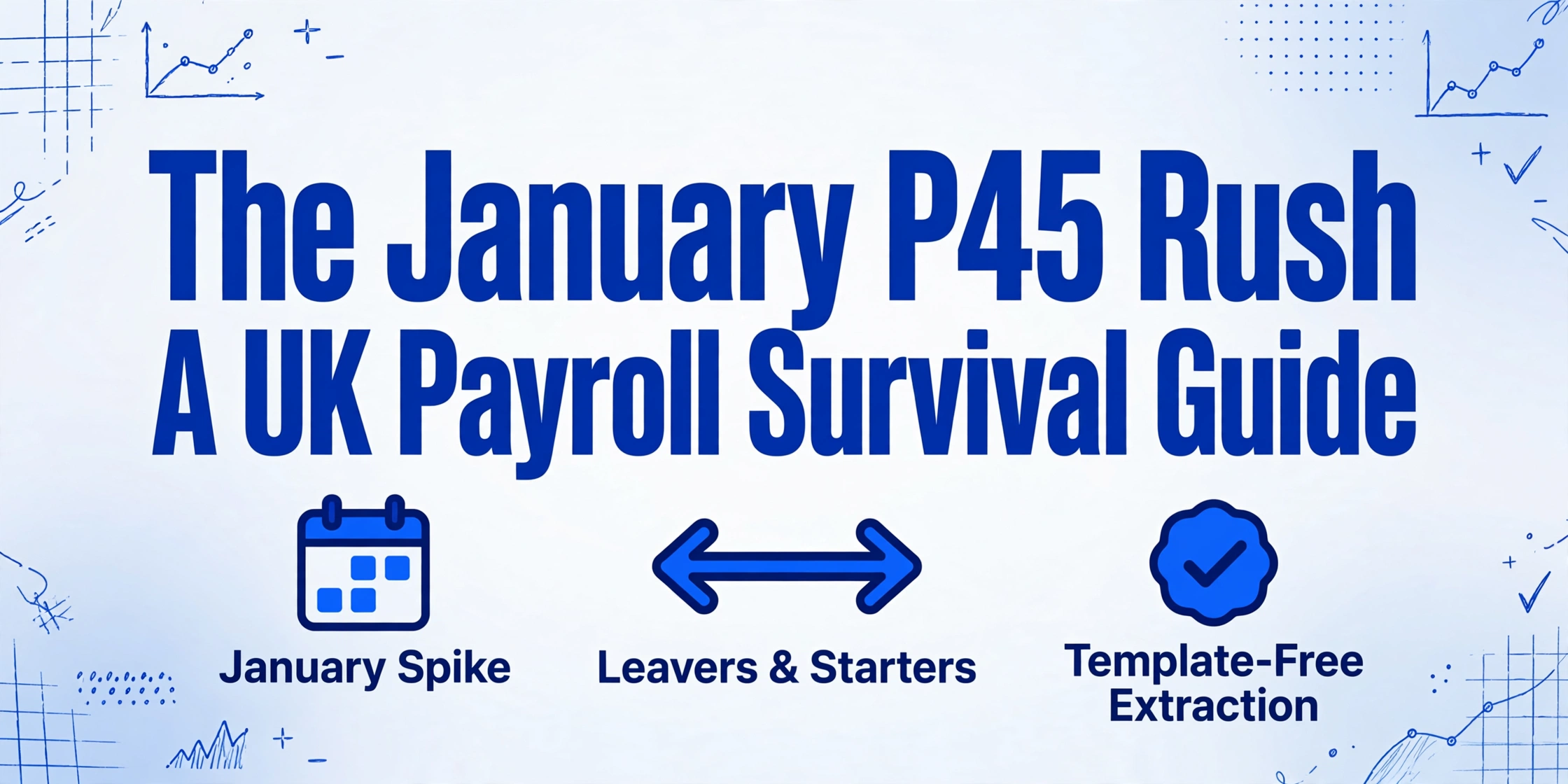Hero image with title 'The January P45 Rush: A UK Payroll Survival Guide' and three icons for January Spike, Leavers & Starters, and Template-Free Extraction on a light blue background with hand-drawn data decorations.