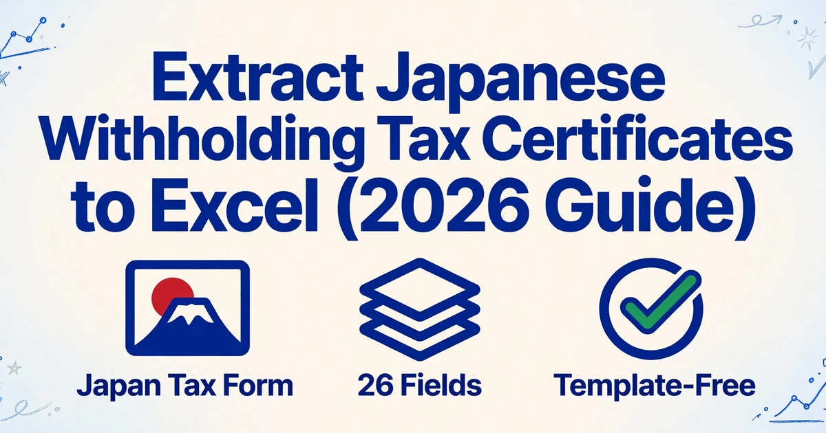 Hero image with title 'Extract Japanese Withholding Tax Certificates to Excel (2026 Guide)' and three icons for Japan Tax Form, 26 Fields, and Template-Free