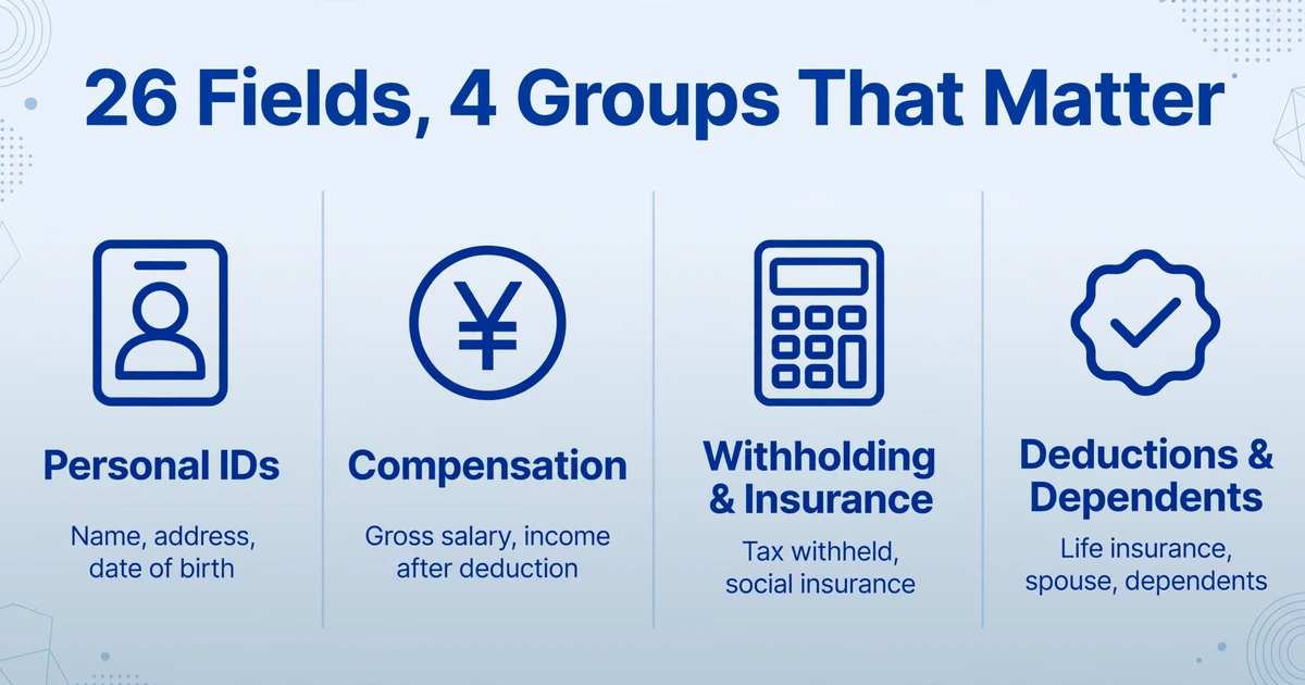 Four-column layout grouping the 26 Gensen Choshu-hyo fields into Personal IDs, Compensation, Withholding and Insurance, and Deductions and Dependents