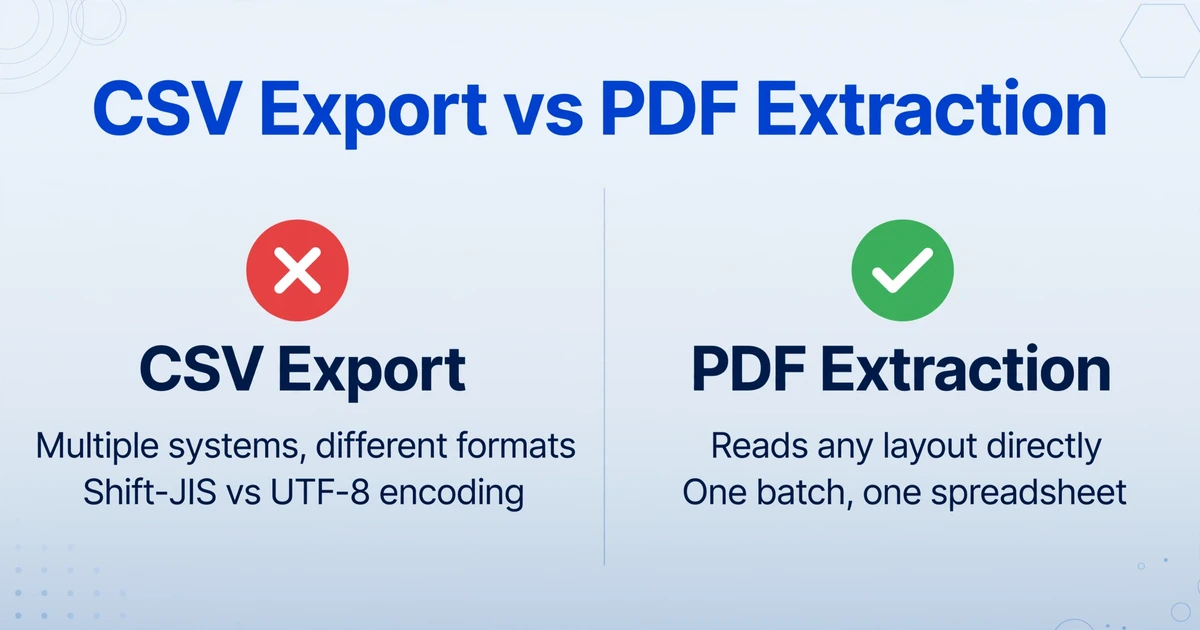 Two-column comparison showing CSV Export with red X icon versus PDF Extraction with green check icon