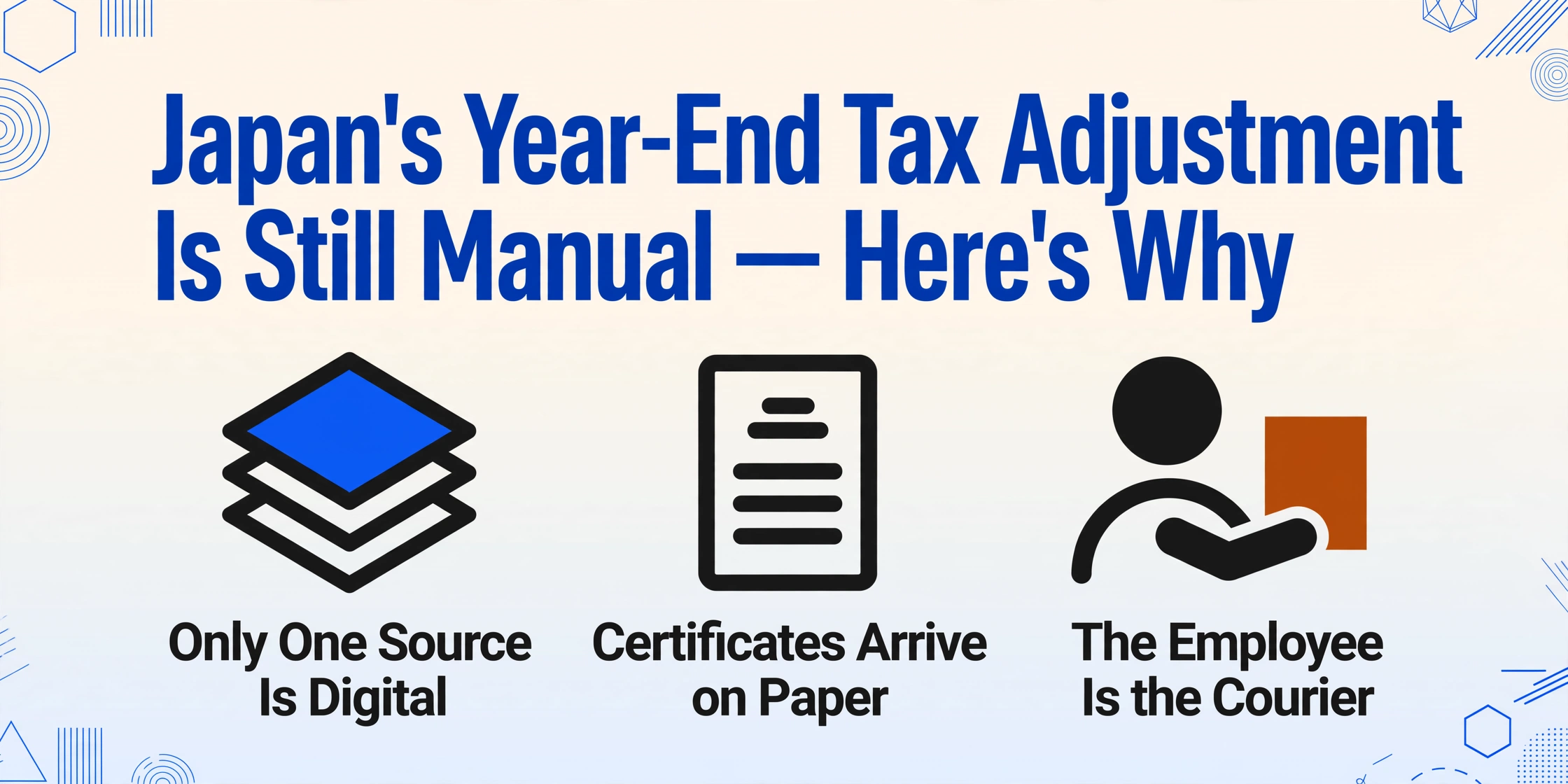 Hero card with the article title and three icons answering why Japan's year-end tax adjustment is still manual: only one data source is digital, certificates arrive on paper, and the employee acts as the courier.