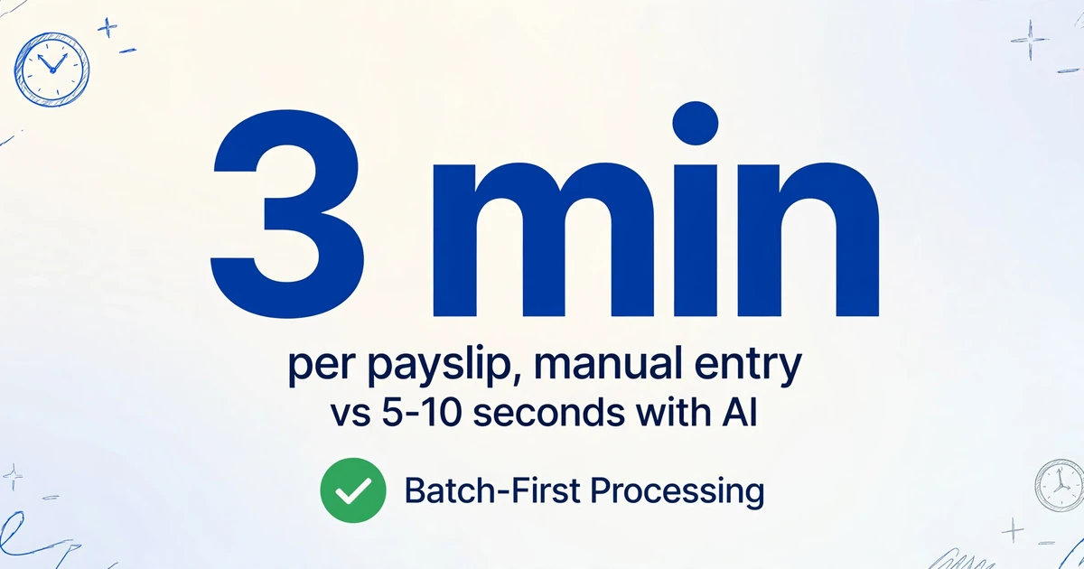Large '3 min' number highlighting manual data entry time per payslip versus 5-10 seconds with AI, with a green check badge for Batch-First Processing, on a light gradient background with subtle hand-drawn clock decorations.