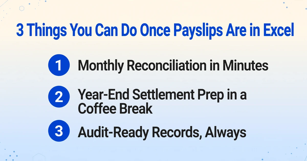 List-style infographic with the title '3 Things You Can Do Once Payslips Are in Excel' and three numbered items: Monthly Reconciliation in Minutes, Year-End Settlement Prep in a Coffee Break, and Audit-Ready Records Always, on a light gradient background.