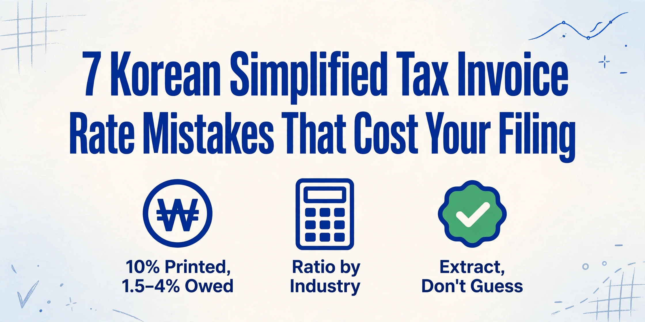 Hero image with the title '7 Korean Simplified Tax Invoice Rate Mistakes That Cost Your Filing' and three icons: Korean won symbol with '10% Printed, 1.5–4% Owed', calculator with 'Ratio by Industry', green checkmark with 'Extract, Don't Guess'