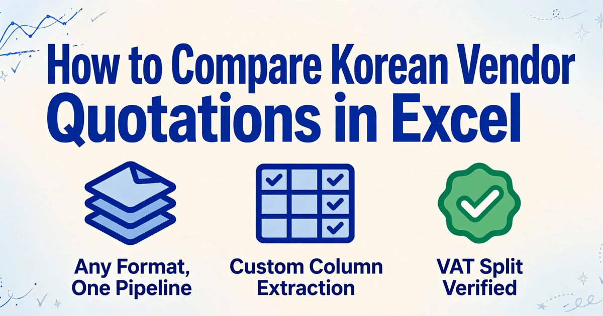 Blog-Titelbild mit dem Titel 'So vergleichen Sie koreanische Lieferantenangebote in Excel' und drei Symbolen für beliebiges Eingabeformat, benutzerdefinierte Spaltenextraktion und Mehrwertsteuer-Aufteilungsprüfung