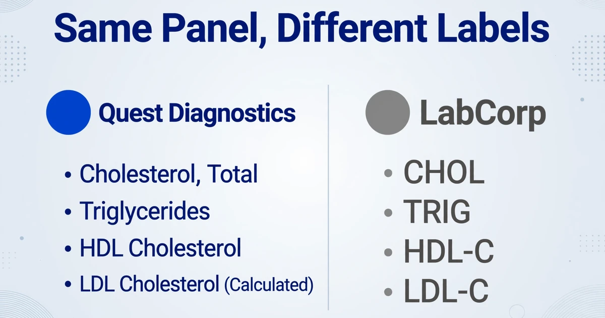 Vergleich der Quest Diagnostics-Beschriftungen (Cholesterol Total, Triglycerides, HDL Cholesterol, LDL Cholesterol Calculated) mit den LabCorp-Beschriftungen (CHOL, TRIG, HDL-C, LDL-C)