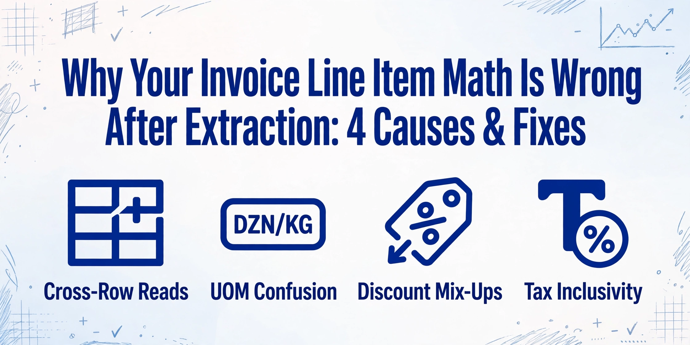 Blog cover image with title 'Why Your Invoice Line Item Math Is Wrong After Extraction: 4 Causes & Fixes' and four icons representing cross-row reads, UOM confusion, discount mix-ups, and tax inclusivity.