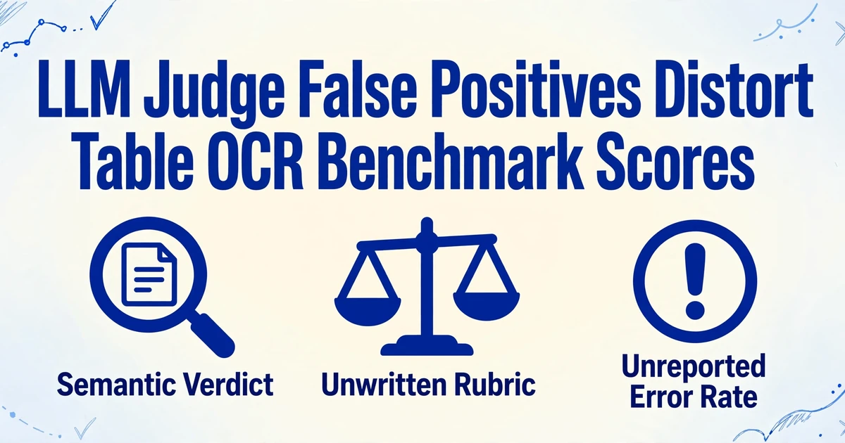 Title reading LLM Judge False Positives Distort Table OCR Benchmark Scores with three icons below: Semantic Verdict, Unwritten Rubric, and Unreported Error Rate, on a clean light gradient background with subtle hand-drawn line decorations in the corners