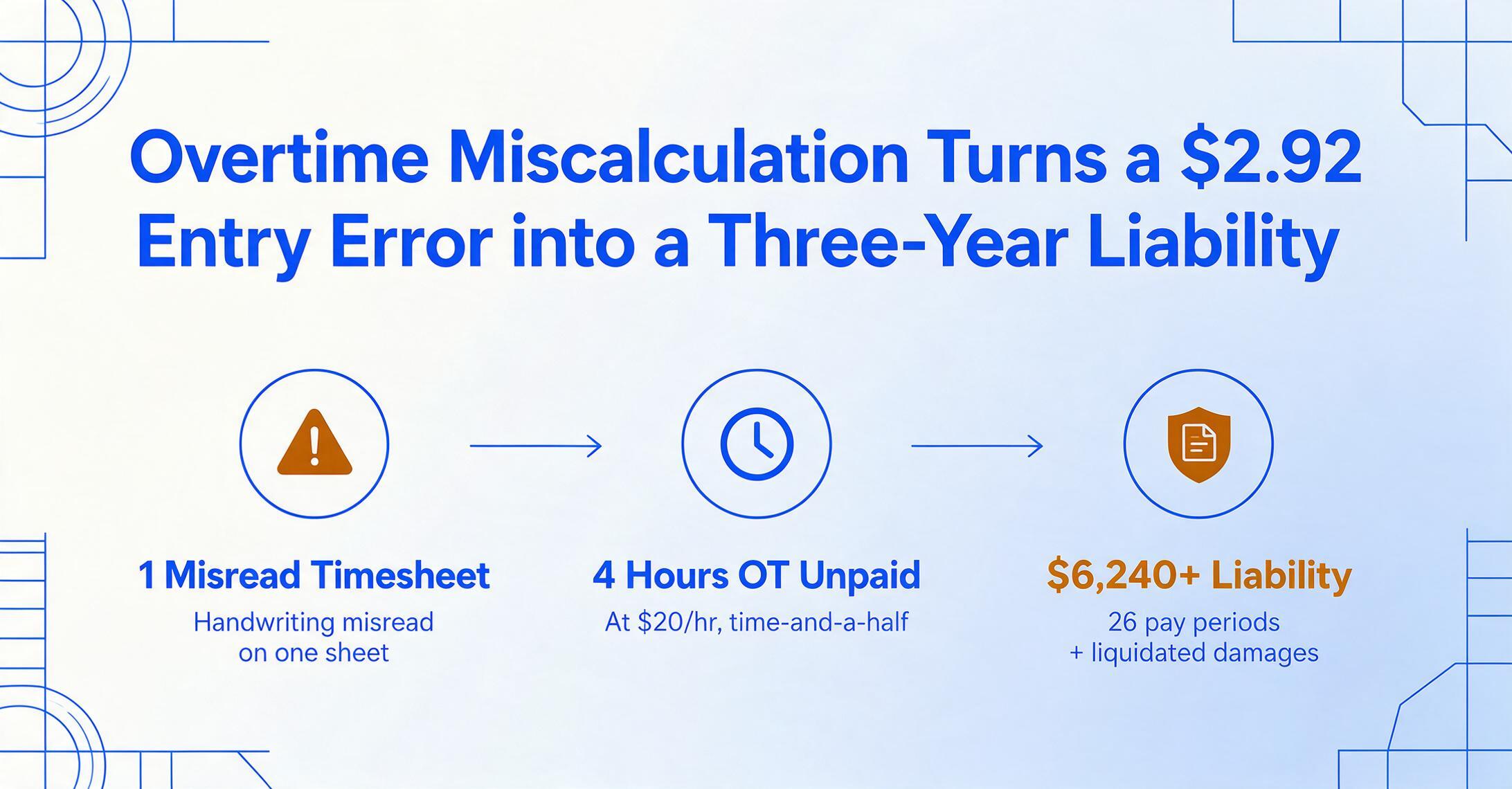 Flow infographic showing one misread timesheet leads to four hours unpaid overtime and a 6,240 dollar liability over 26 pay periods.