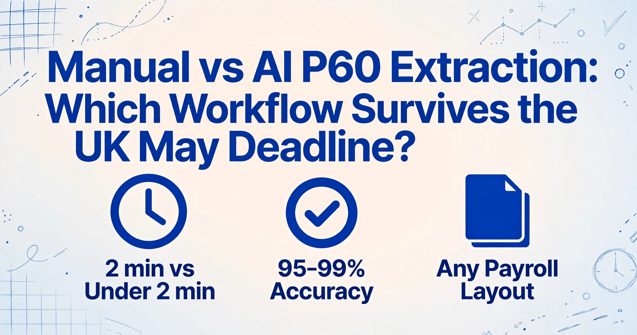 수동 vs AI P60 추출을 비교하는 히어로 이미지: 제목 및 2분 vs 2분 미만, 95-99% 정확도, 모든 급여 레이아웃 지원의 세 가지 핵심 포인트